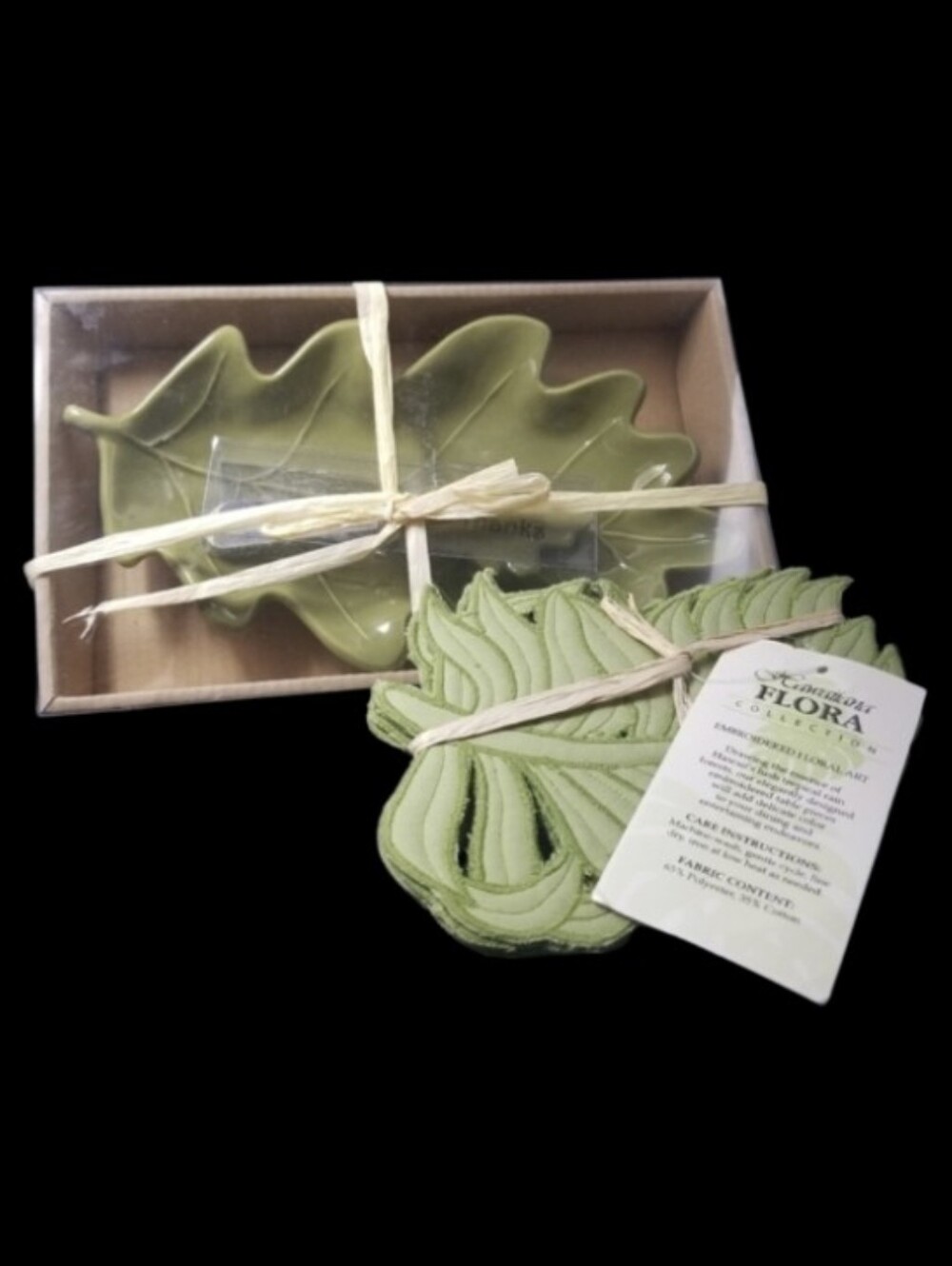 LEAF DISH W/SPREADER & EMBROIDERED LEAF COASTERS